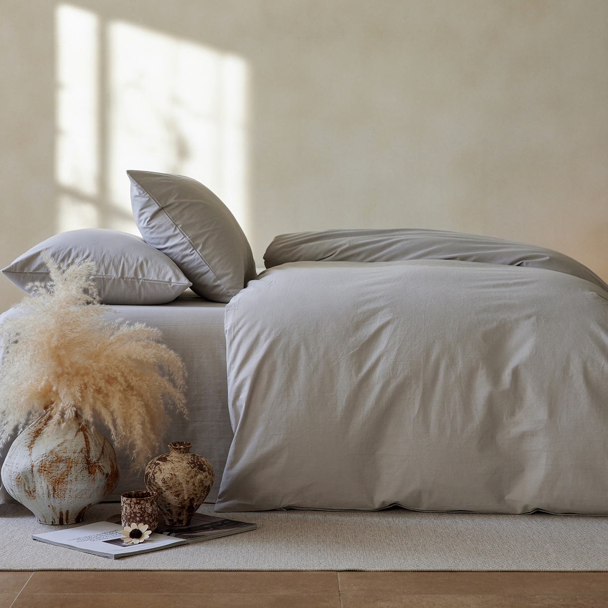 91家纺网 家纺一手货源 找家纺 轩和家居 2025新款全棉高支旧感砂洗长绒棉四件套 细雨灰