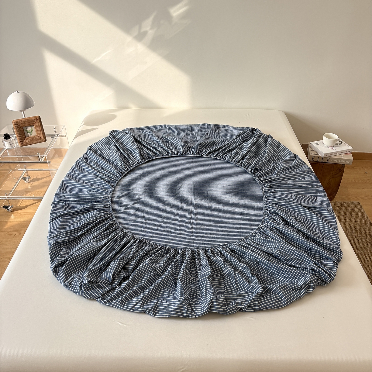 91家纺网 家纺一手货源 找家纺 居眠 2025新款单层色织水洗格子全棉纯棉单床笠床笠单件单品床笠 蓝细条