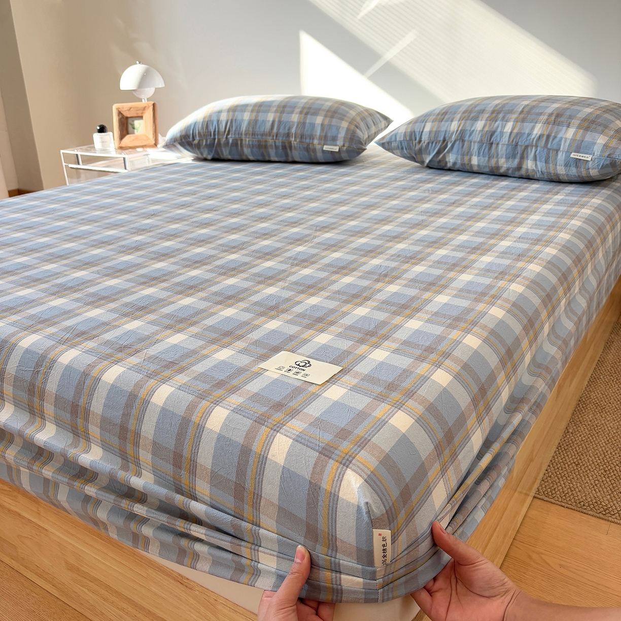 91家纺网 家纺一手货源 找家纺 （总）居眠 2025新款单层色织水洗格子全棉纯棉单床笠床笠单件单品床笠