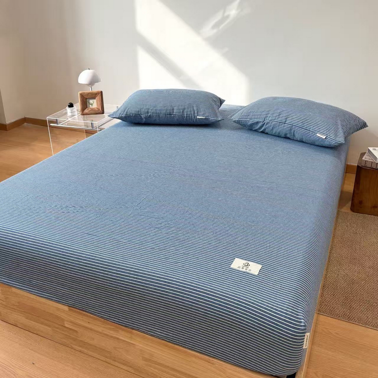 91家纺网 家纺一手货源 找家纺 居眠 2025新款单层色织水洗格子全棉纯棉单床笠床笠单件单品床笠 蓝细条