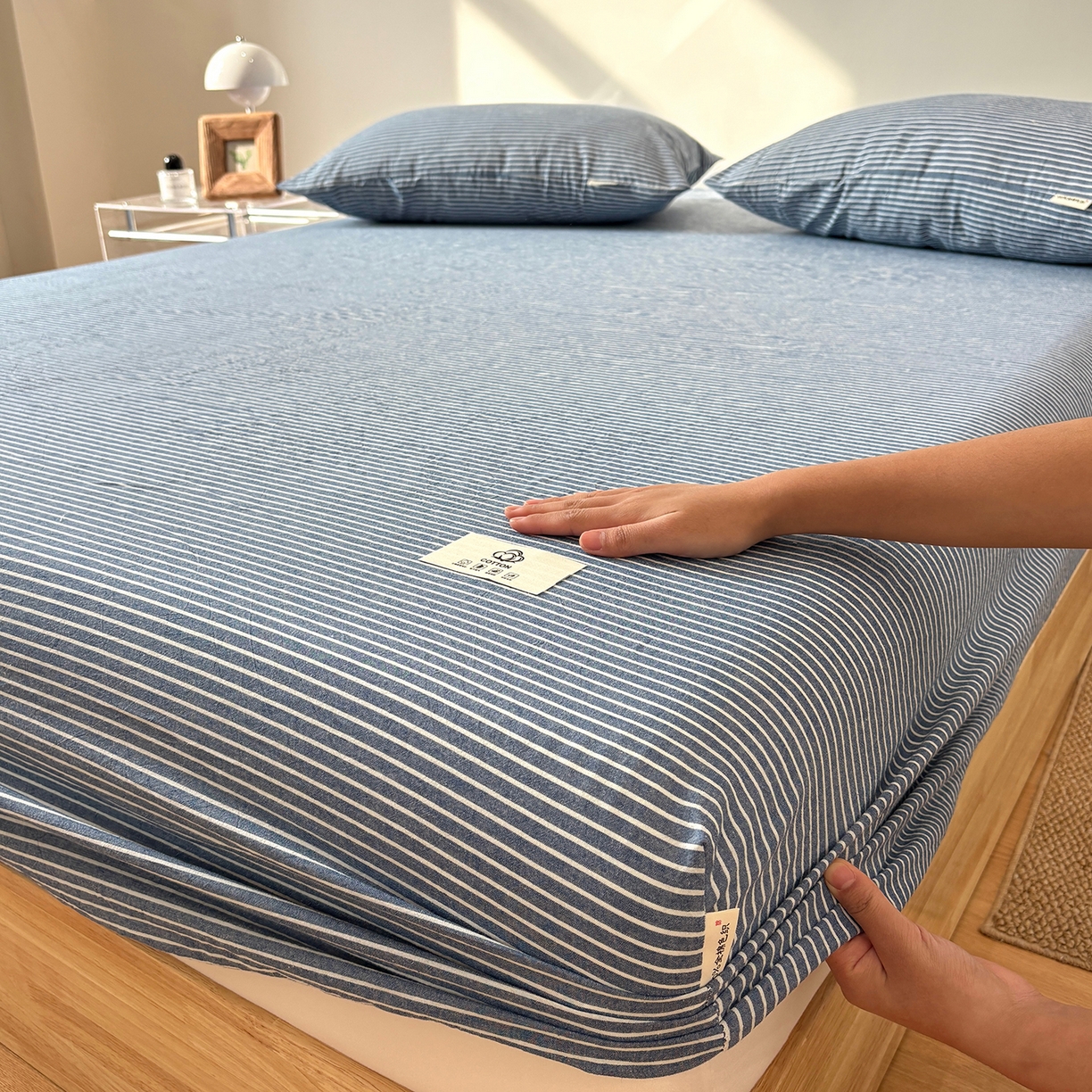 91家纺网 家纺一手货源 找家纺 居眠 2025新款单层色织水洗格子全棉纯棉单床笠床笠单件单品床笠 蓝细条