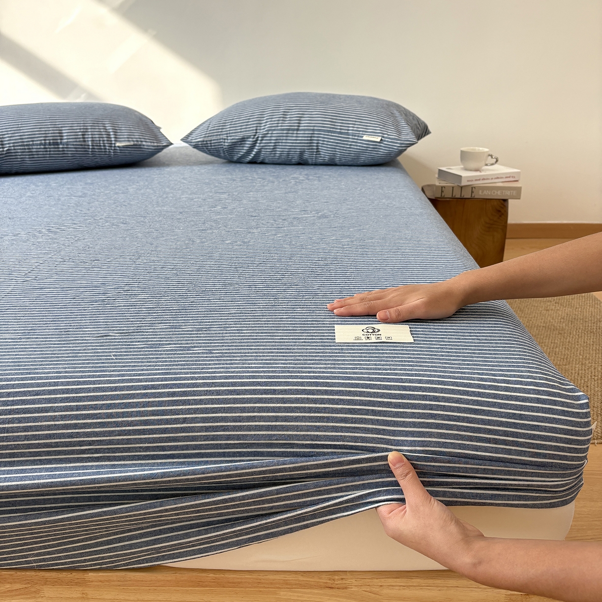 91家纺网 家纺一手货源 找家纺 居眠 2025新款单层色织水洗格子全棉纯棉单床笠床笠单件单品床笠 蓝细条