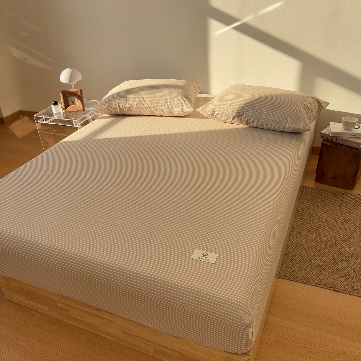 91家纺网 家纺一手货源 找家纺 居眠 2025新款单层色织水洗格子全棉纯棉单床笠床笠单件单品床笠 米细条