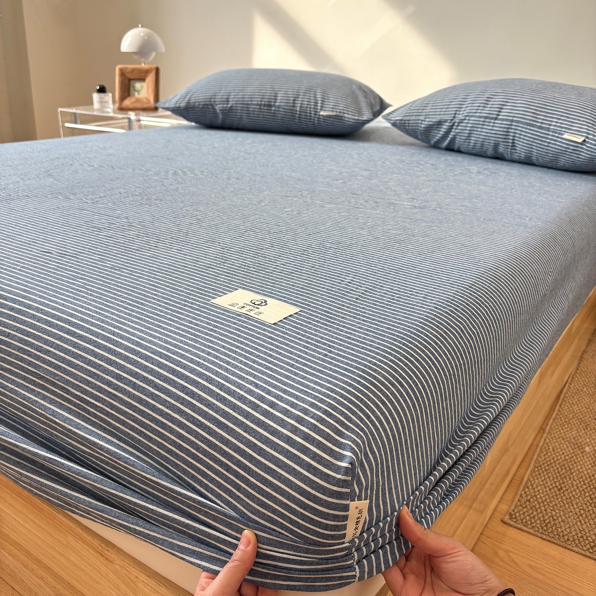 91家纺网 家纺一手货源 找家纺 居眠 2025新款单层色织水洗格子全棉纯棉单床笠床笠单件单品床笠 蓝细条