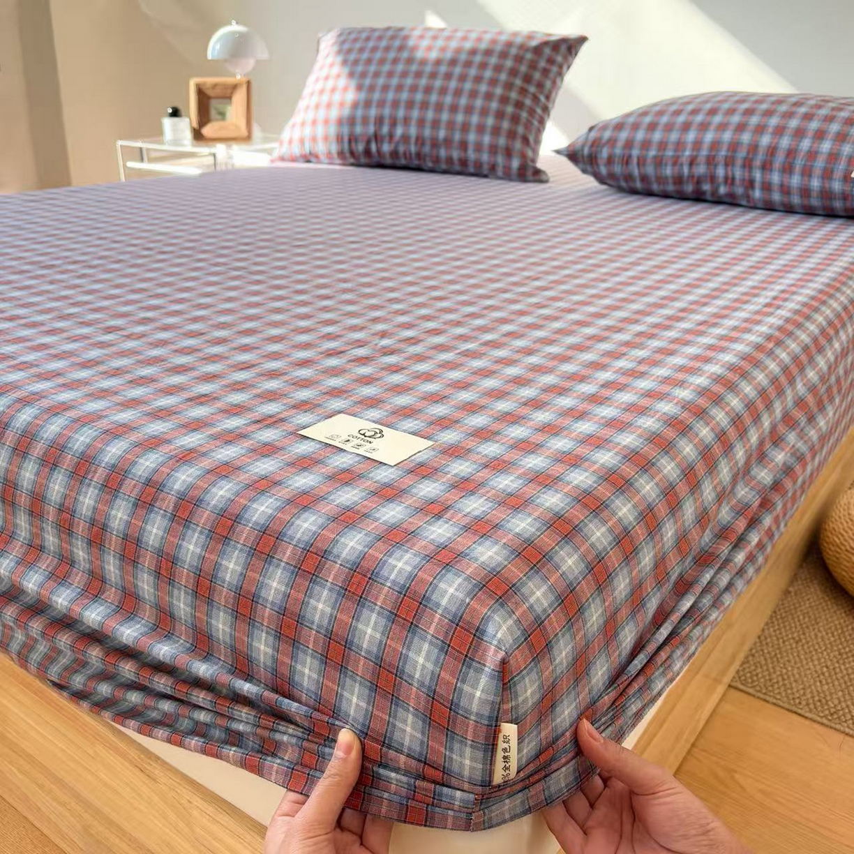 91家纺网 家纺一手货源 找家纺 （总）居眠 2025新款单层色织水洗格子全棉纯棉单床笠床笠单件单品床笠