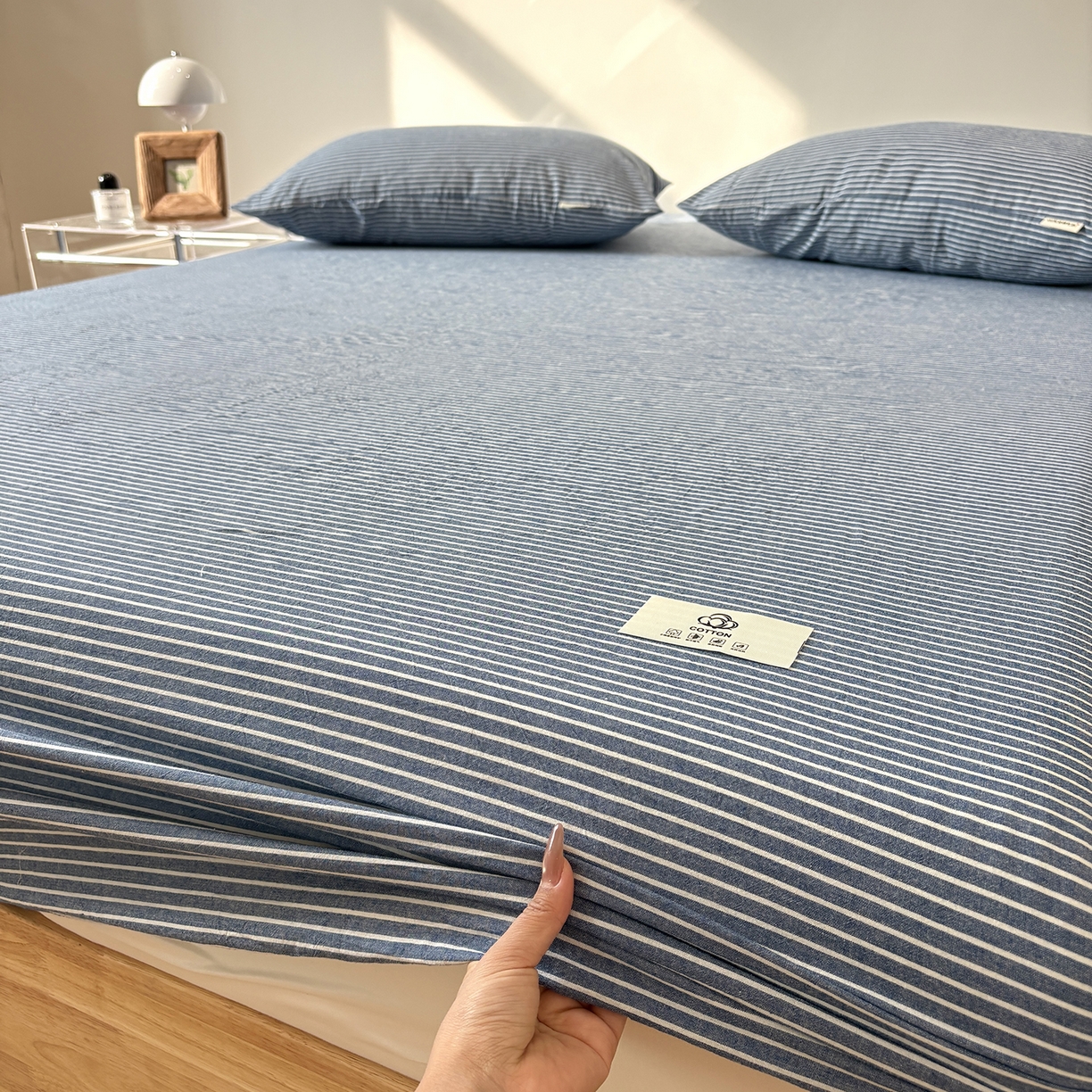 91家纺网 家纺一手货源 找家纺 居眠 2025新款单层色织水洗格子全棉纯棉单床笠床笠单件单品床笠 蓝细条