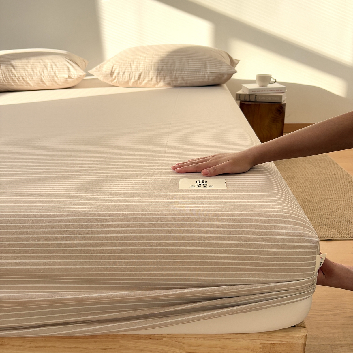 91家纺网 家纺一手货源 找家纺 居眠 2025新款单层色织水洗格子全棉纯棉单床笠床笠单件单品床笠 米细条