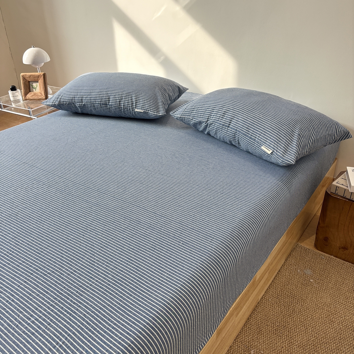 91家纺网 家纺一手货源 找家纺 居眠 2025新款单层色织水洗格子全棉纯棉单床笠床笠单件单品床笠 蓝细条