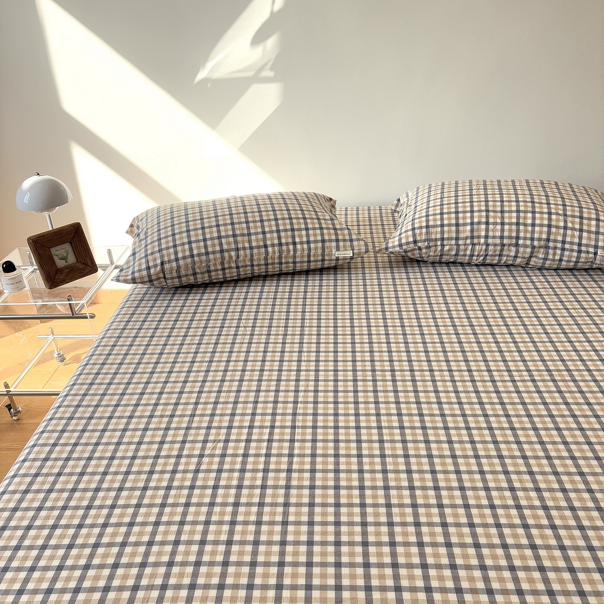 91家纺网 家纺一手货源 找家纺 居眠 2025新款单层色织水洗格子全棉纯棉单床笠床笠单件单品床笠 印月灰