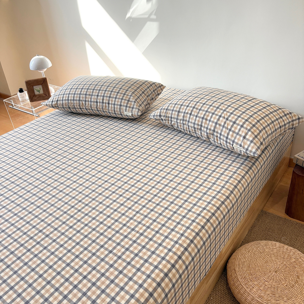 91家纺网 家纺一手货源 找家纺 居眠 2025新款单层色织水洗格子全棉纯棉单床笠床笠单件单品床笠 印月灰