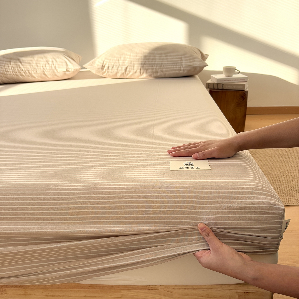 91家纺网 家纺一手货源 找家纺 居眠 2025新款单层色织水洗格子全棉纯棉单床笠床笠单件单品床笠 米细条