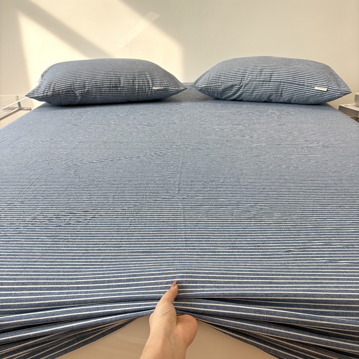 91家纺网 家纺一手货源 找家纺 居眠 2025新款单层色织水洗格子全棉纯棉单床笠床笠单件单品床笠 蓝细条