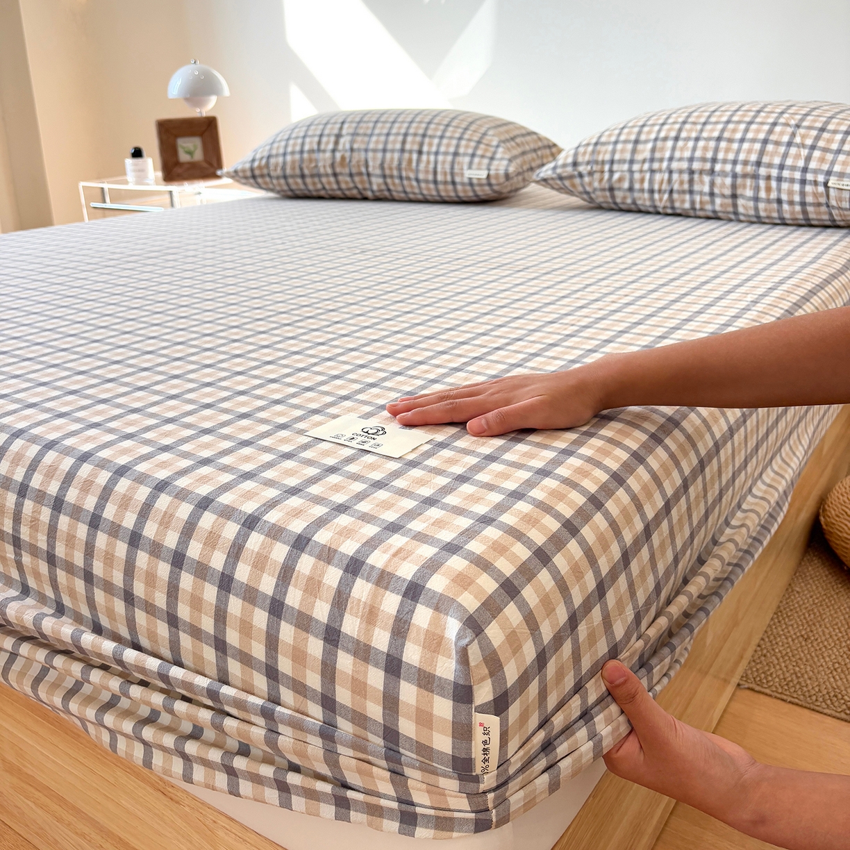 91家纺网 家纺一手货源 找家纺 居眠 2025新款单层色织水洗格子全棉纯棉单床笠床笠单件单品床笠 印月灰