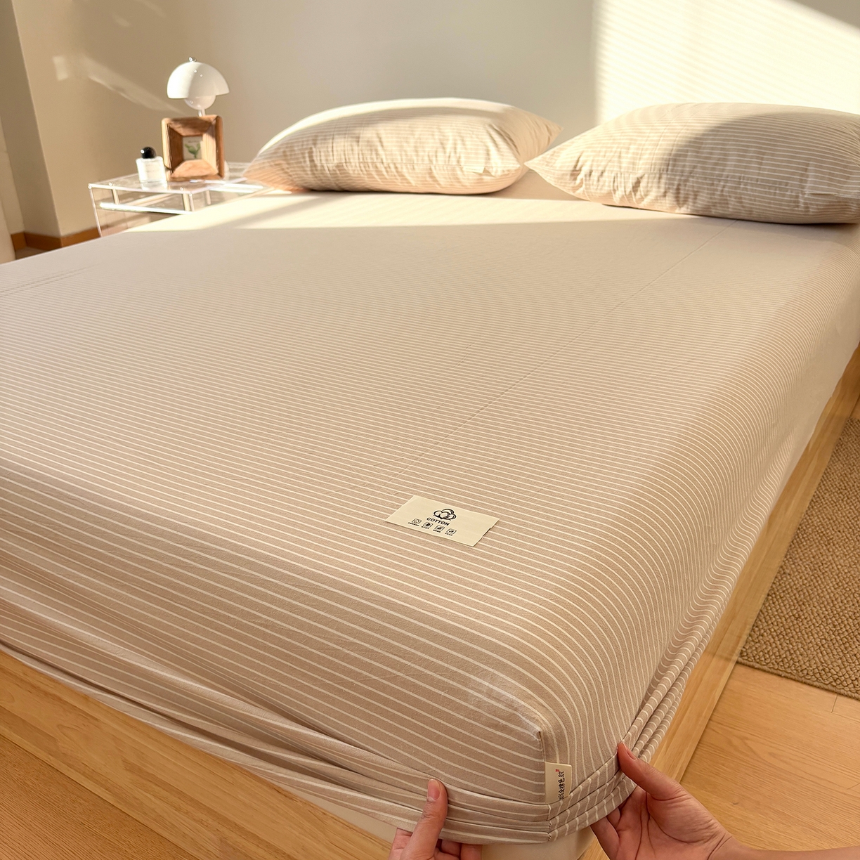 居眠 2025新款单层色织水洗格子全棉纯棉单床笠床笠单件单品床笠 米细条