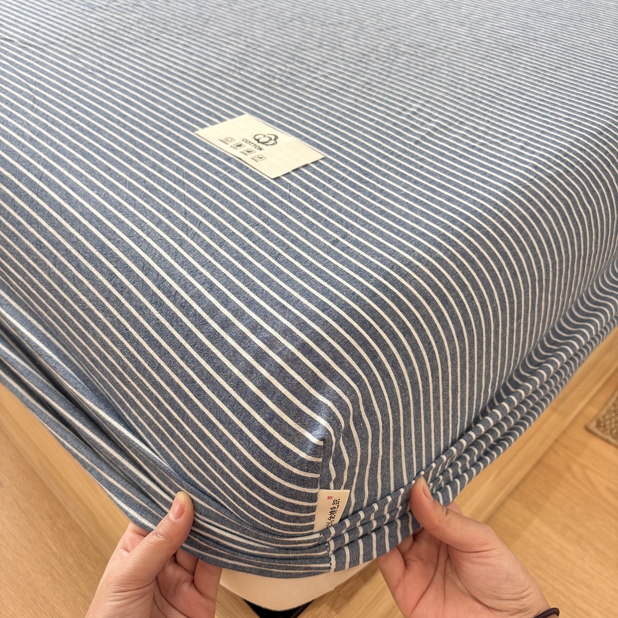 91家纺网 家纺一手货源 找家纺 居眠 2025新款单层色织水洗格子全棉纯棉单床笠床笠单件单品床笠 蓝细条