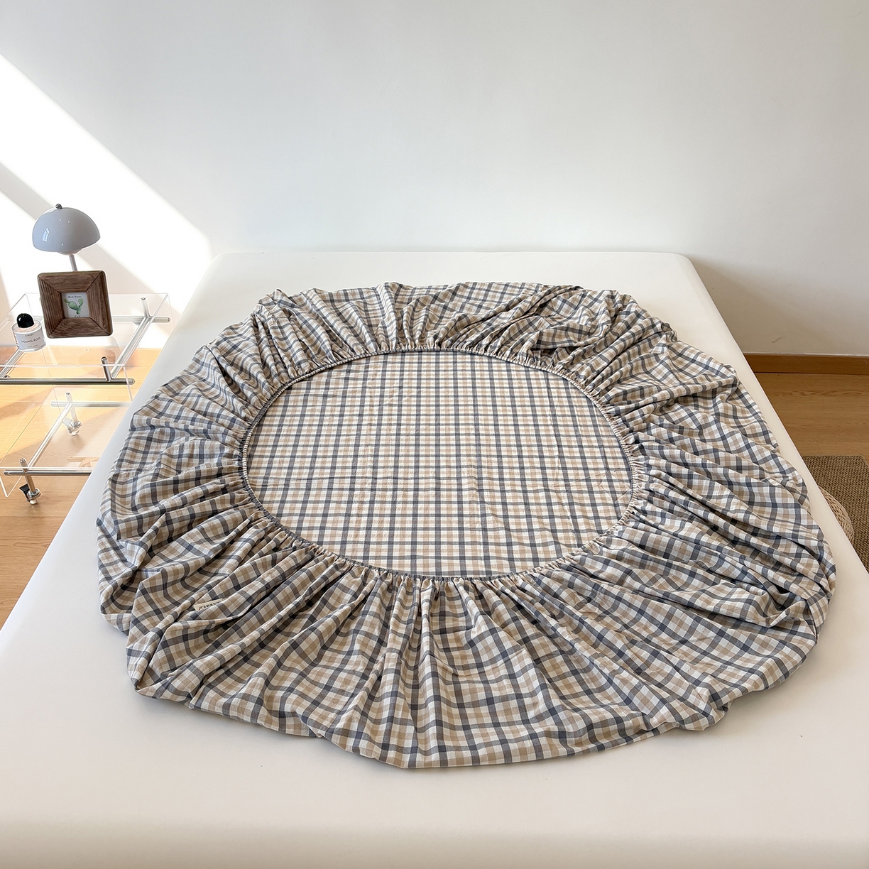 91家纺网 家纺一手货源 找家纺 居眠 2025新款单层色织水洗格子全棉纯棉单床笠床笠单件单品床笠 印月灰