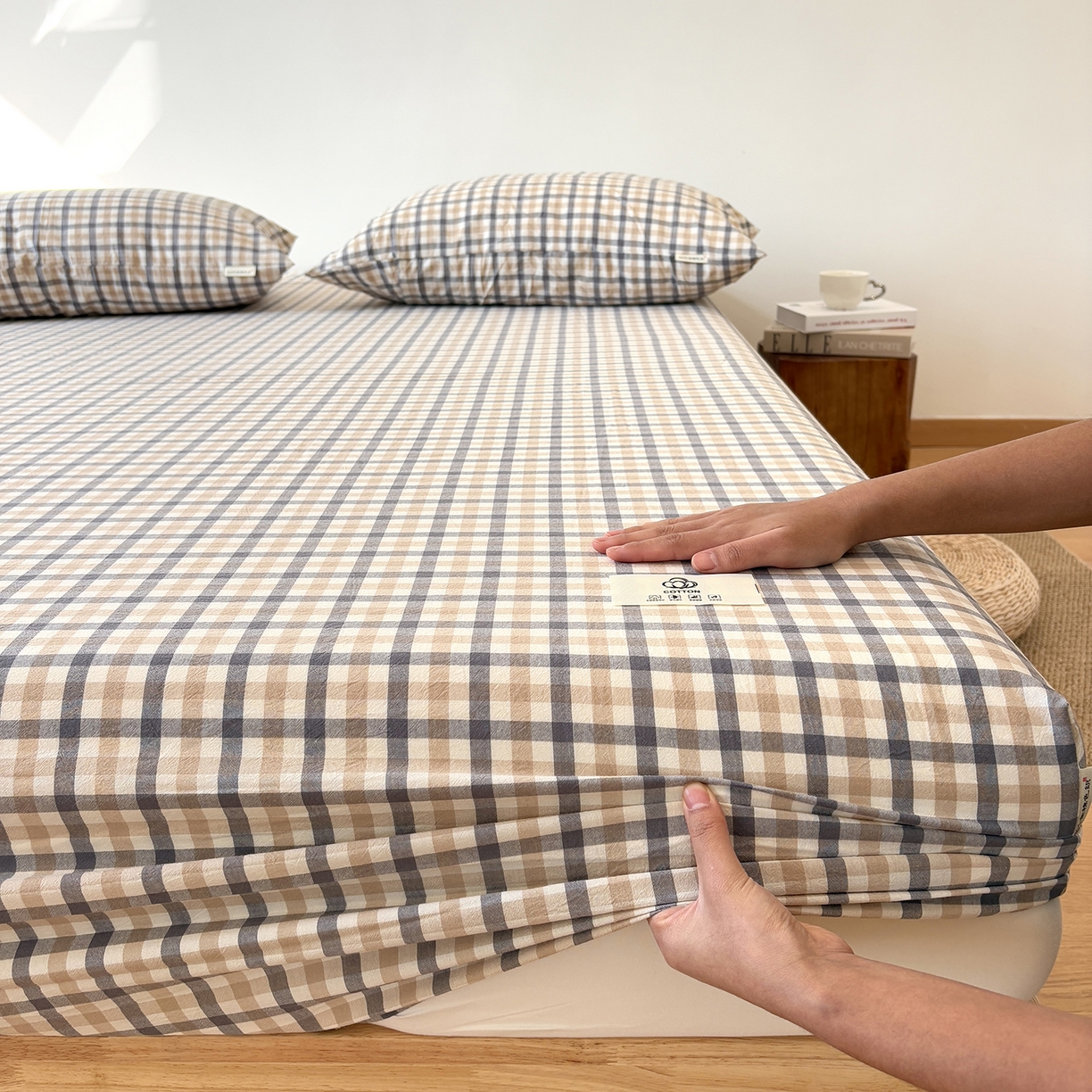 91家纺网 家纺一手货源 找家纺 居眠 2025新款单层色织水洗格子全棉纯棉单床笠床笠单件单品床笠 印月灰