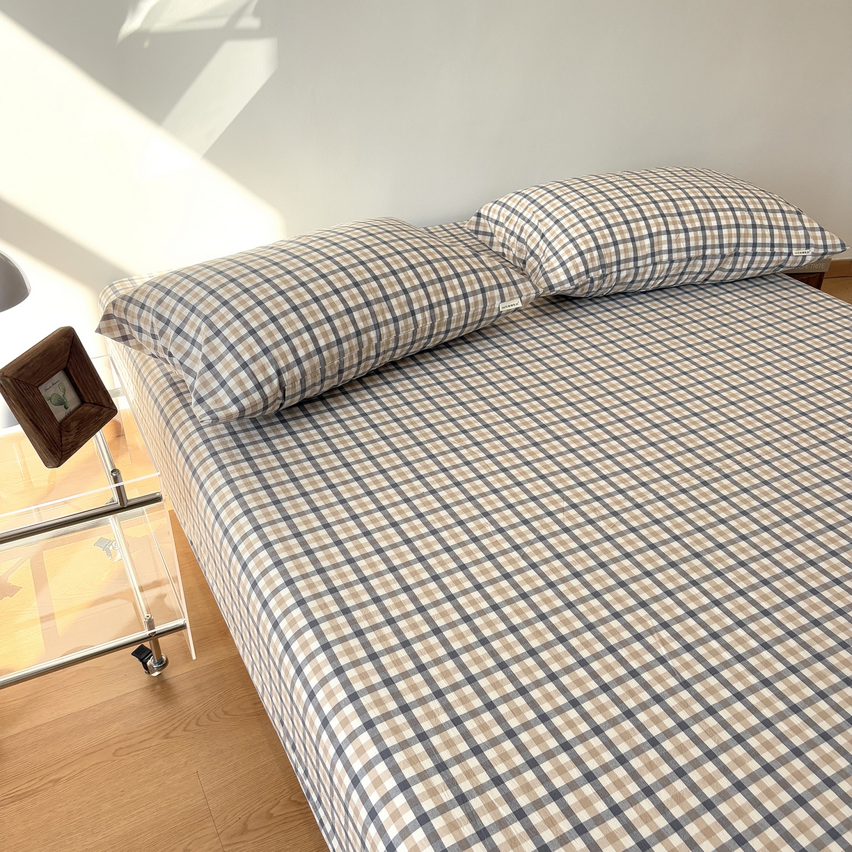 91家纺网 家纺一手货源 找家纺 居眠 2025新款单层色织水洗格子全棉纯棉单床笠床笠单件单品床笠 印月灰