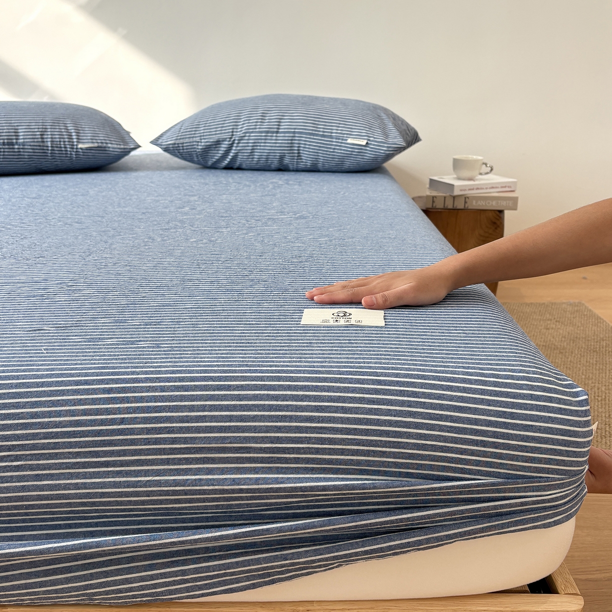 91家纺网 家纺一手货源 找家纺 居眠 2025新款单层色织水洗格子全棉纯棉单床笠床笠单件单品床笠 蓝细条