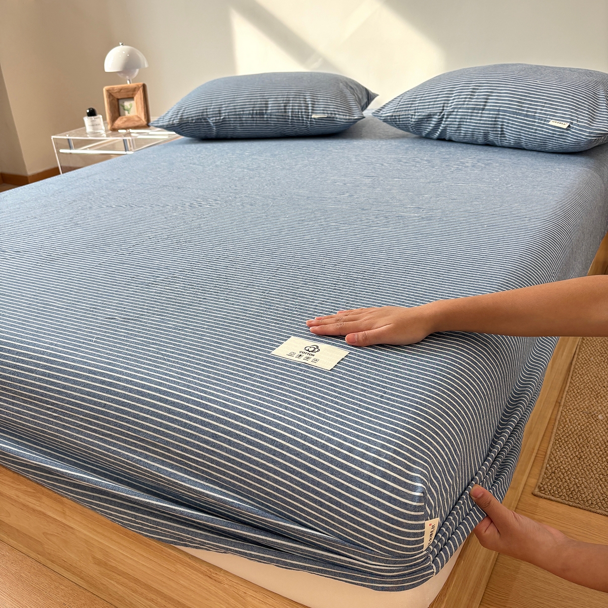 91家纺网 家纺一手货源 找家纺 居眠 2025新款单层色织水洗格子全棉纯棉单床笠床笠单件单品床笠 蓝细条