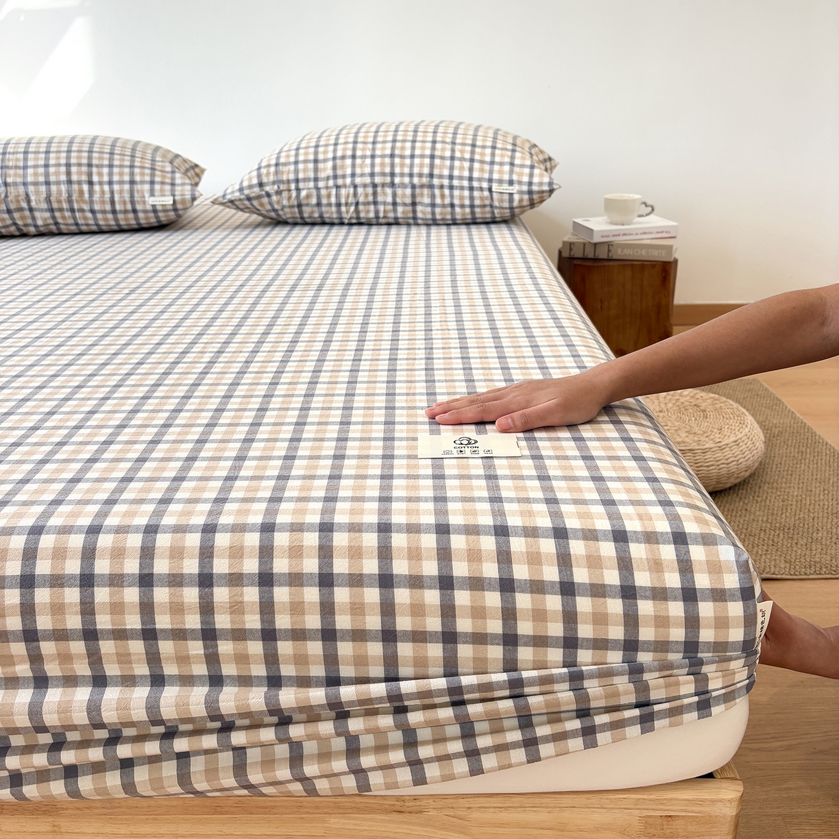 91家纺网 家纺一手货源 找家纺 居眠 2025新款单层色织水洗格子全棉纯棉单床笠床笠单件单品床笠 印月灰