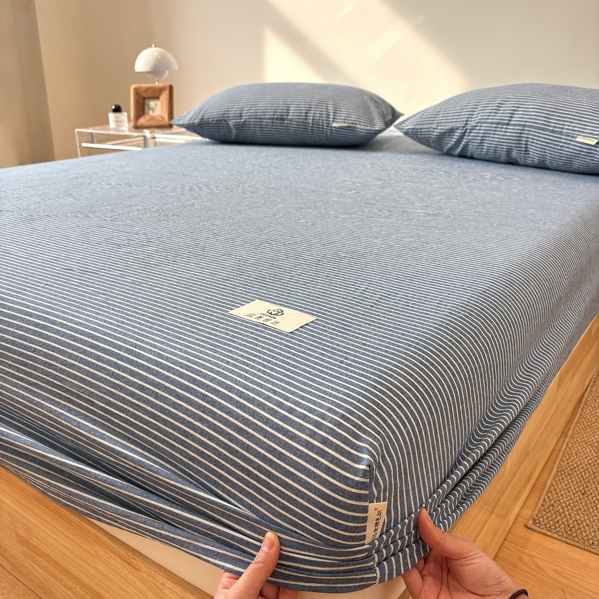 91家纺网 家纺一手货源 找家纺 居眠 2025新款单层色织水洗格子全棉纯棉单床笠床笠单件单品床笠 蓝细条