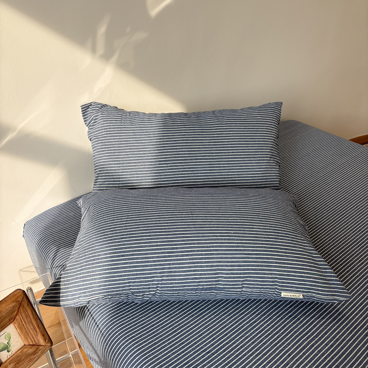 91家纺网 家纺一手货源 找家纺 居眠 2025新款单层色织水洗格子全棉纯棉单床笠床笠单件单品床笠 蓝细条