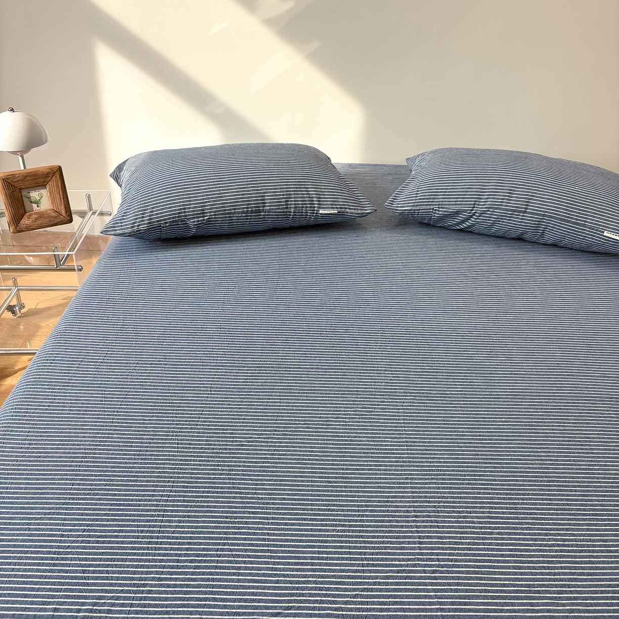 91家纺网 家纺一手货源 找家纺 居眠 2025新款单层色织水洗格子全棉纯棉单床笠床笠单件单品床笠 蓝细条