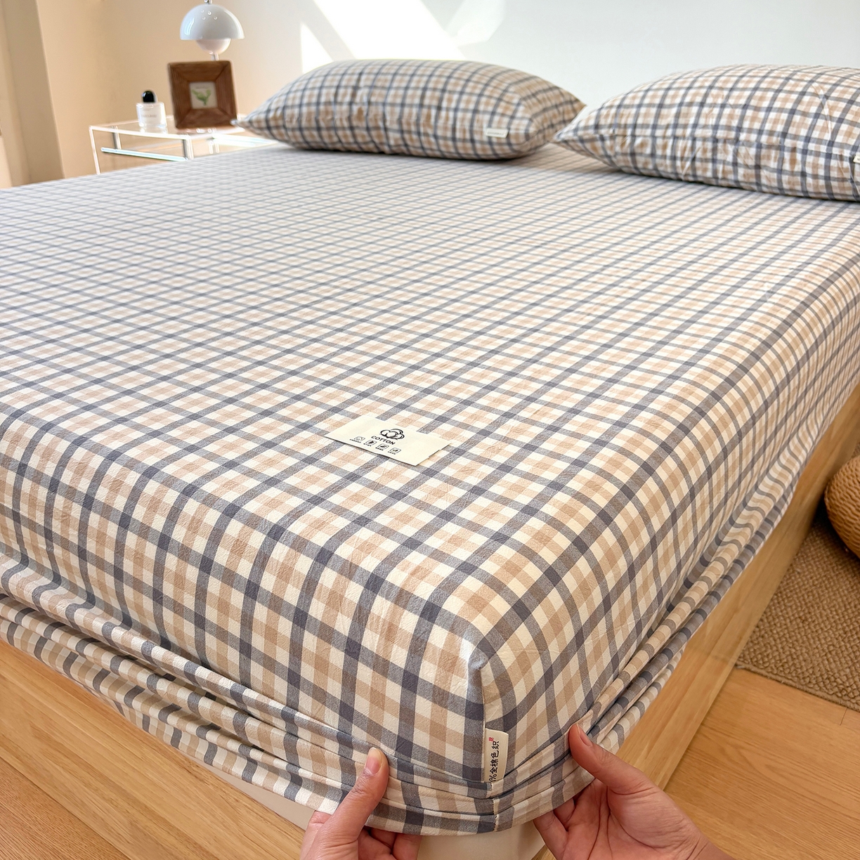 91家纺网 家纺一手货源 找家纺 居眠 2025新款单层色织水洗格子全棉纯棉单床笠床笠单件单品床笠 印月灰