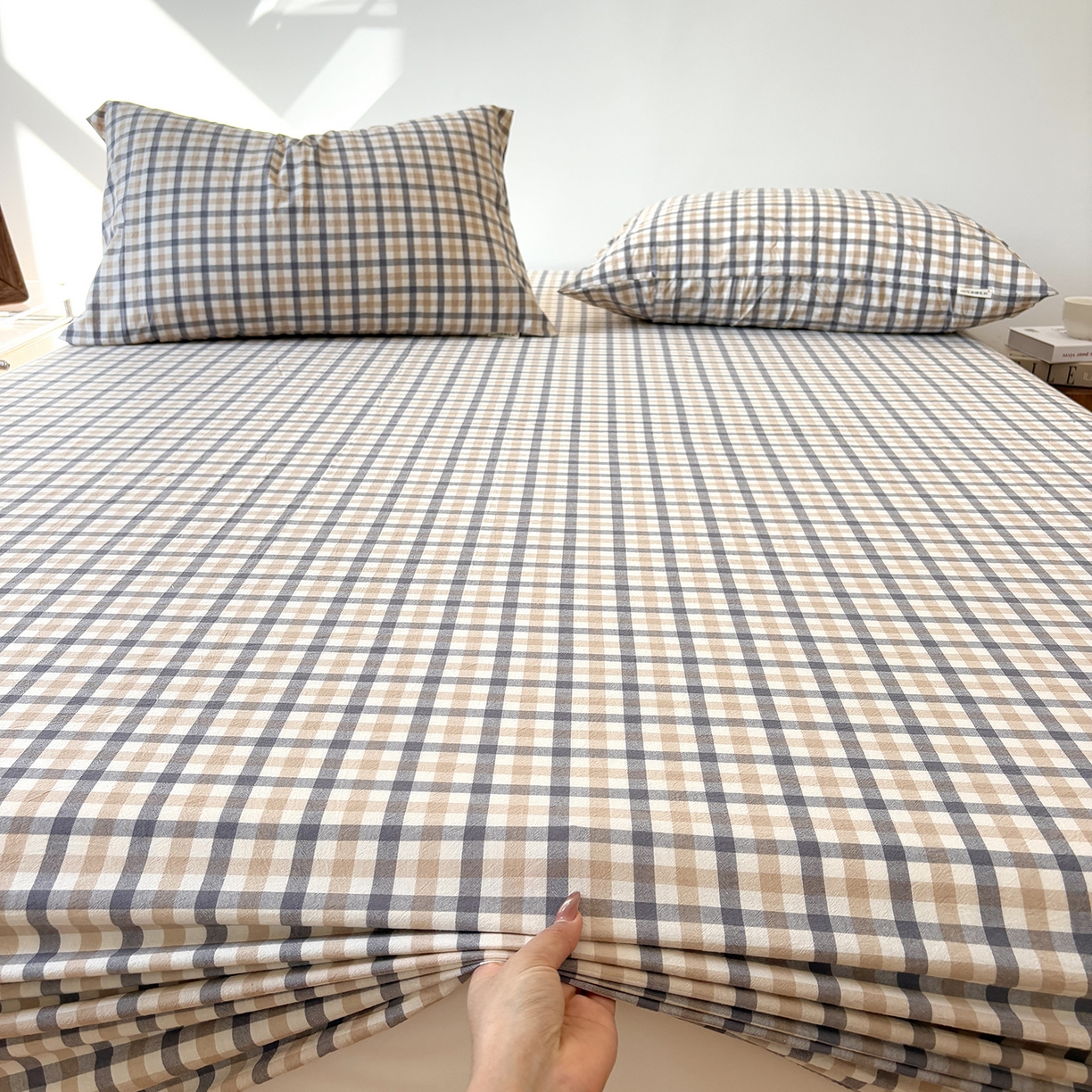 91家纺网 家纺一手货源 找家纺 居眠 2025新款单层色织水洗格子全棉纯棉单床笠床笠单件单品床笠 印月灰