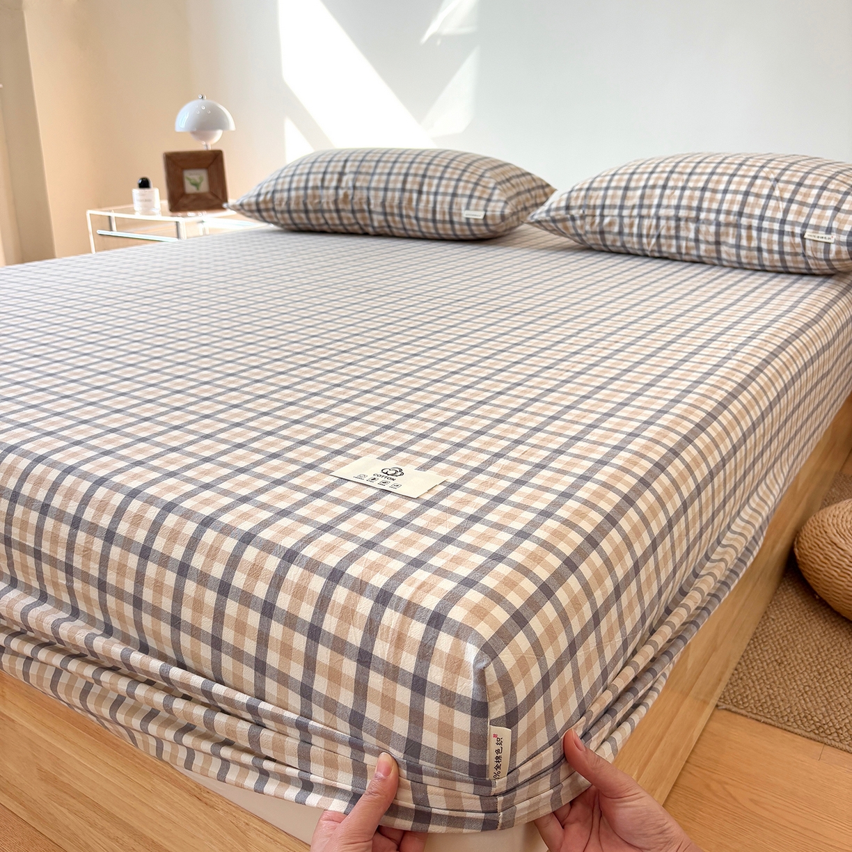 居眠 2025新款单层色织水洗格子全棉纯棉单床笠床笠单件单品床笠 印月灰