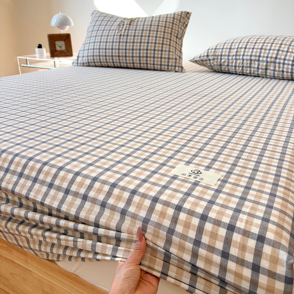 91家纺网 家纺一手货源 找家纺 居眠 2025新款单层色织水洗格子全棉纯棉单床笠床笠单件单品床笠 印月灰