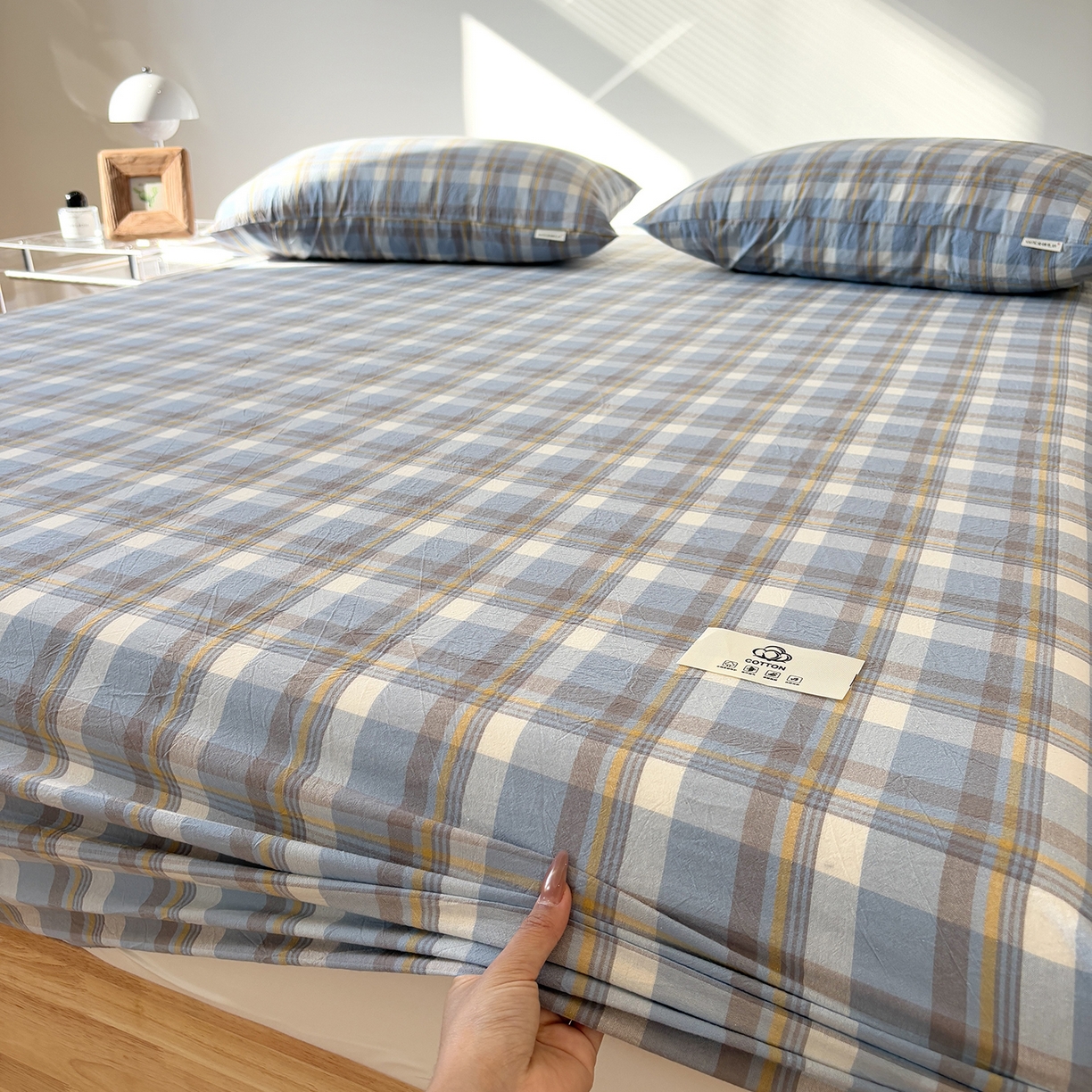 91家纺网 家纺一手货源 找家纺 居眠 2025新款单层色织水洗格子全棉纯棉单床笠床笠单件单品床笠 简兮兰