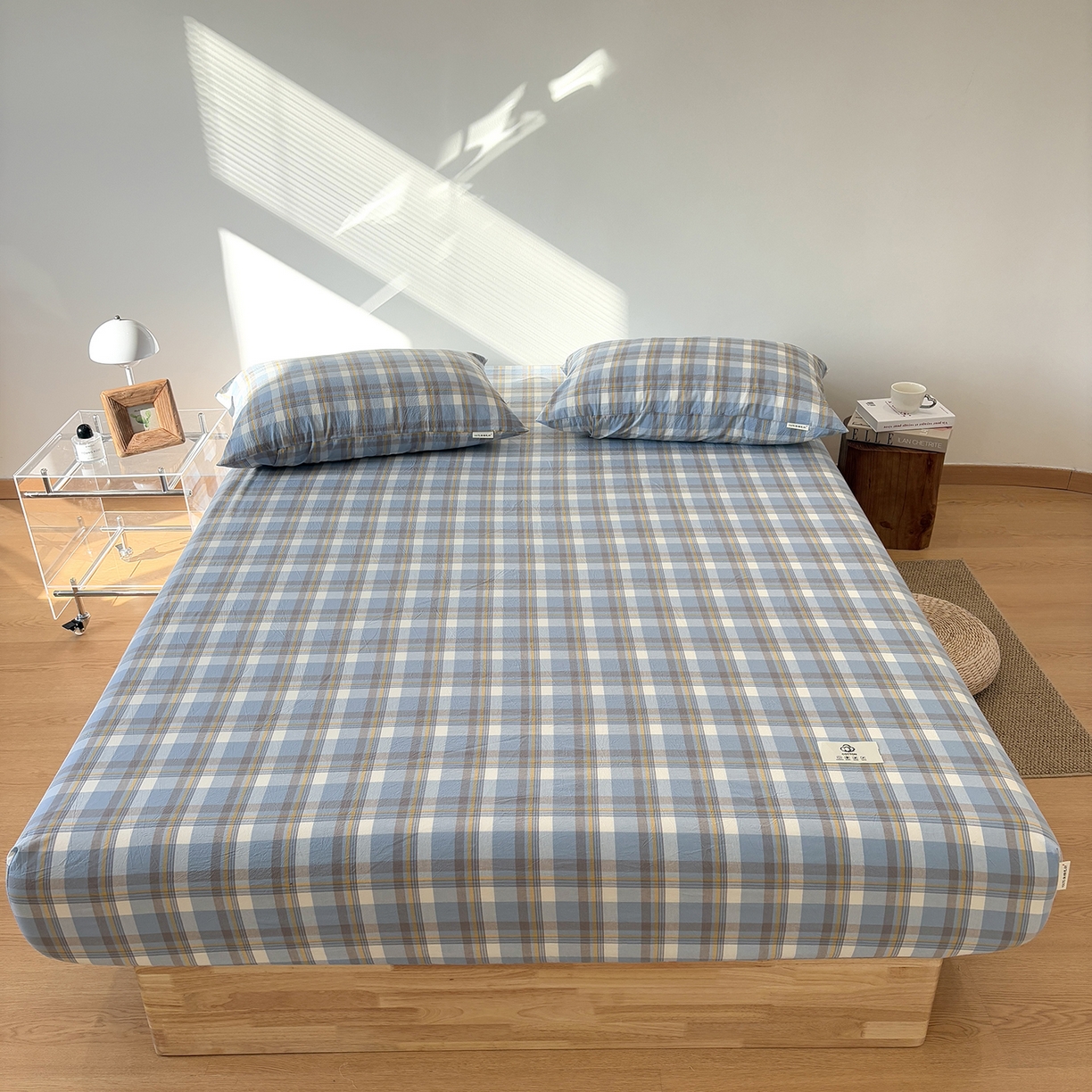 91家纺网 家纺一手货源 找家纺 居眠 2025新款单层色织水洗格子全棉纯棉单床笠床笠单件单品床笠 简兮兰