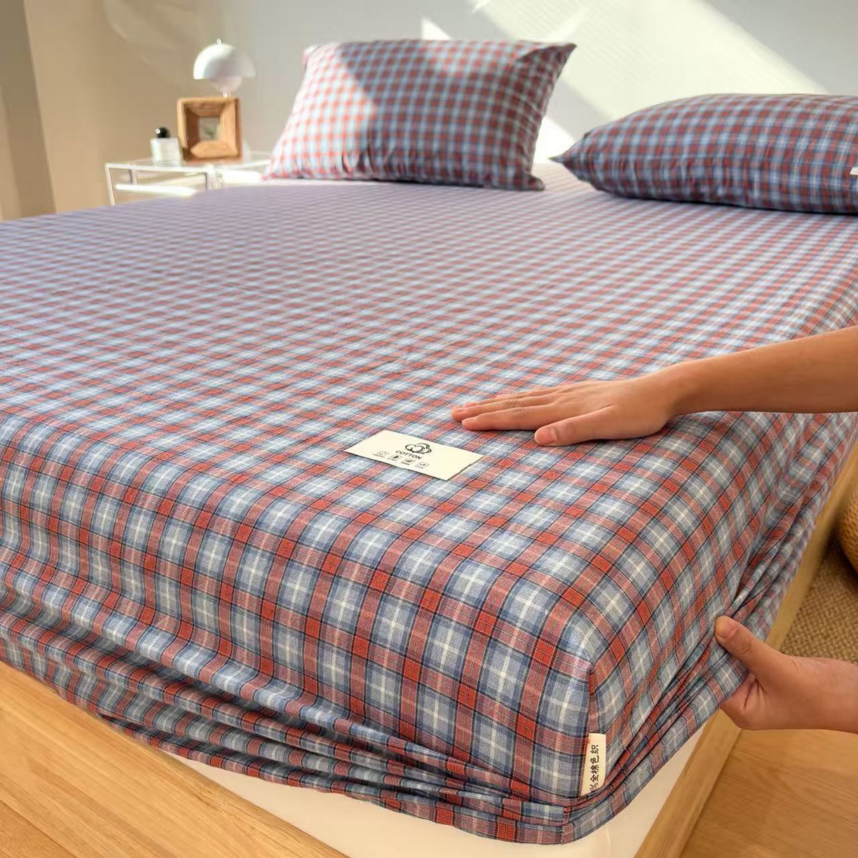 91家纺网 家纺一手货源 找家纺 居眠 2025新款单层色织水洗格子全棉纯棉单床笠床笠单件单品床笠 瑞土兰