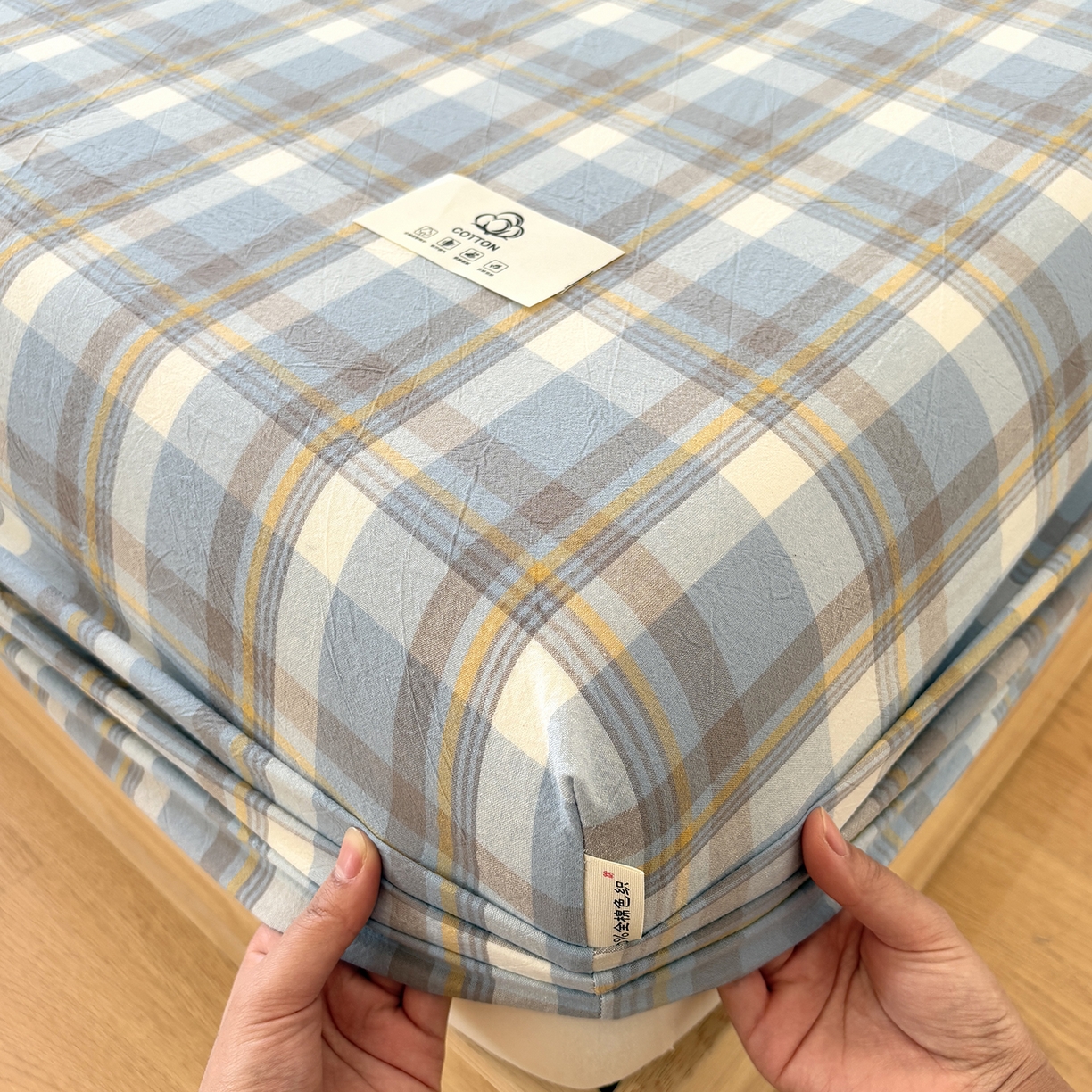 91家纺网 家纺一手货源 找家纺 居眠 2025新款单层色织水洗格子全棉纯棉单床笠床笠单件单品床笠 简兮兰