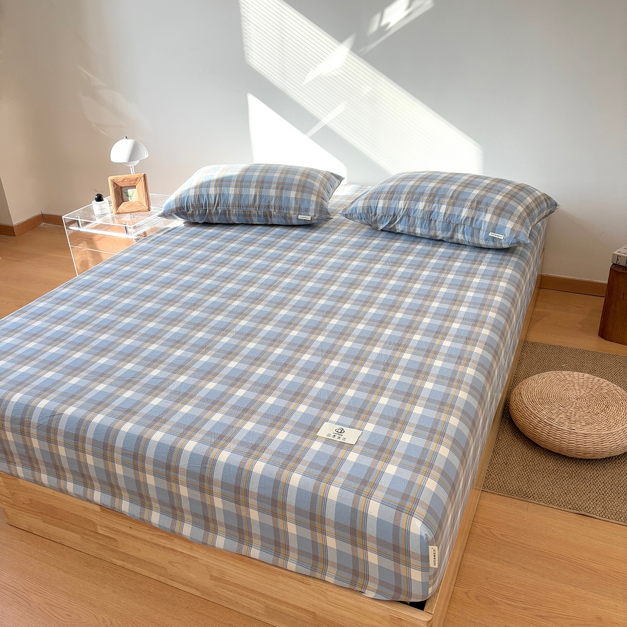 91家纺网 家纺一手货源 找家纺 居眠 2025新款单层色织水洗格子全棉纯棉单床笠床笠单件单品床笠 简兮兰