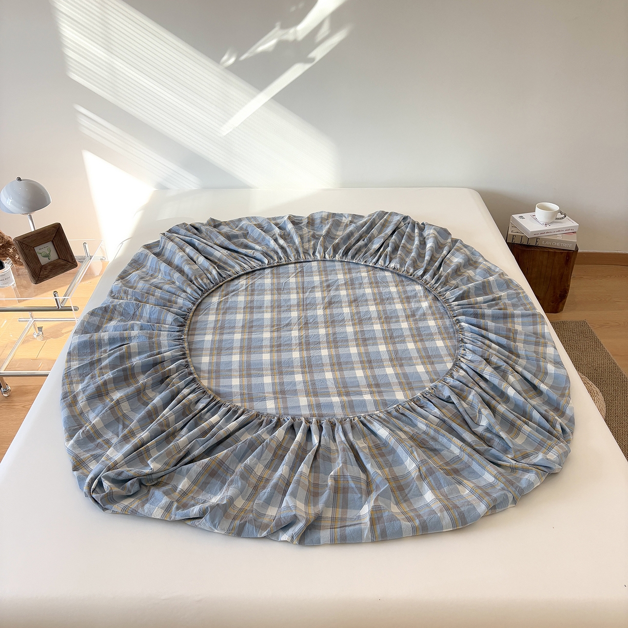 91家纺网 家纺一手货源 找家纺 居眠 2025新款单层色织水洗格子全棉纯棉单床笠床笠单件单品床笠 简兮兰