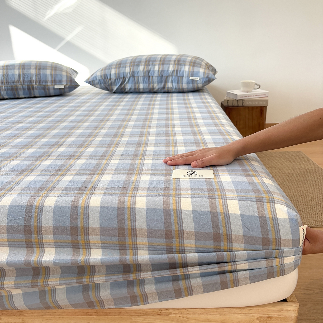 91家纺网 家纺一手货源 找家纺 居眠 2025新款单层色织水洗格子全棉纯棉单床笠床笠单件单品床笠 简兮兰