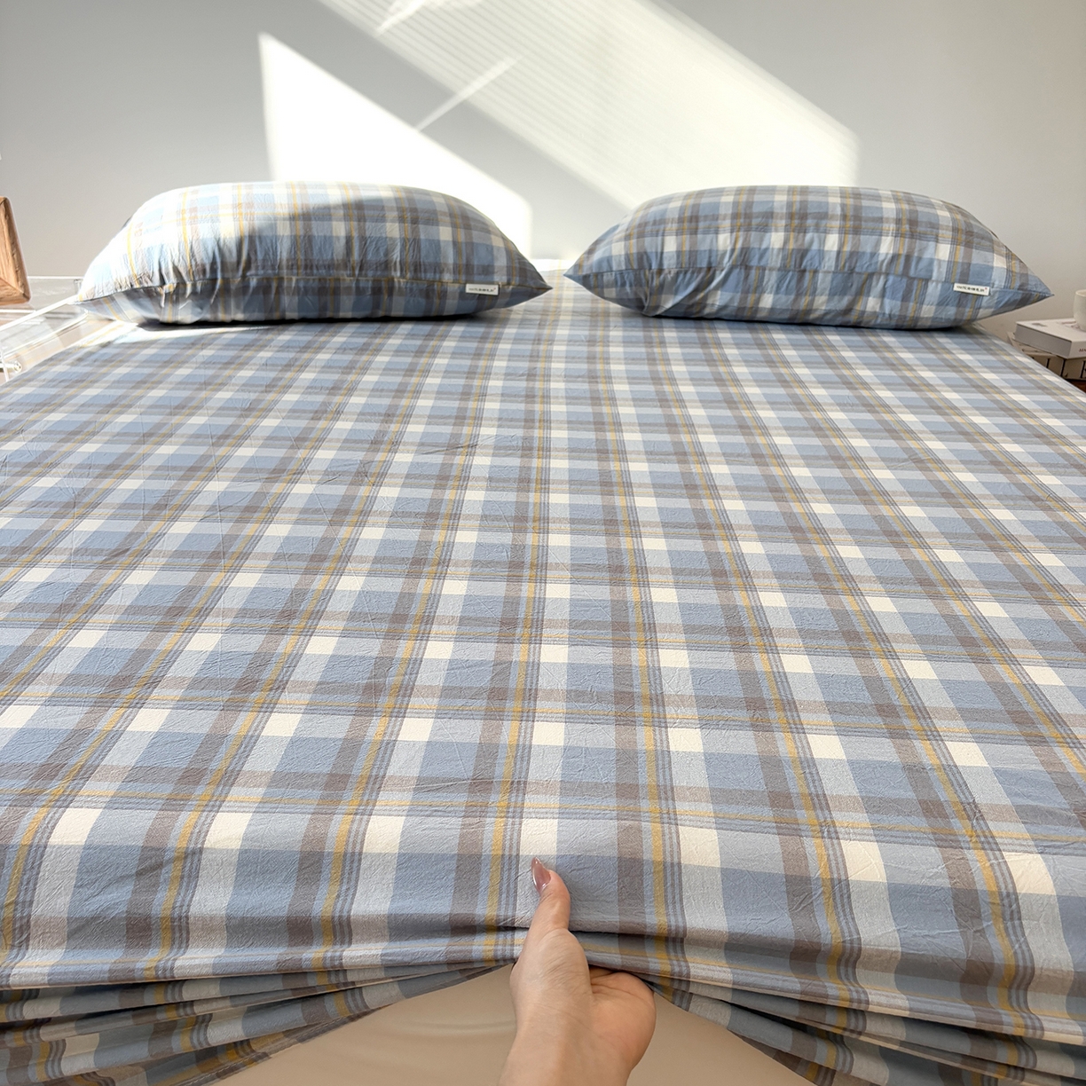 91家纺网 家纺一手货源 找家纺 居眠 2025新款单层色织水洗格子全棉纯棉单床笠床笠单件单品床笠 简兮兰