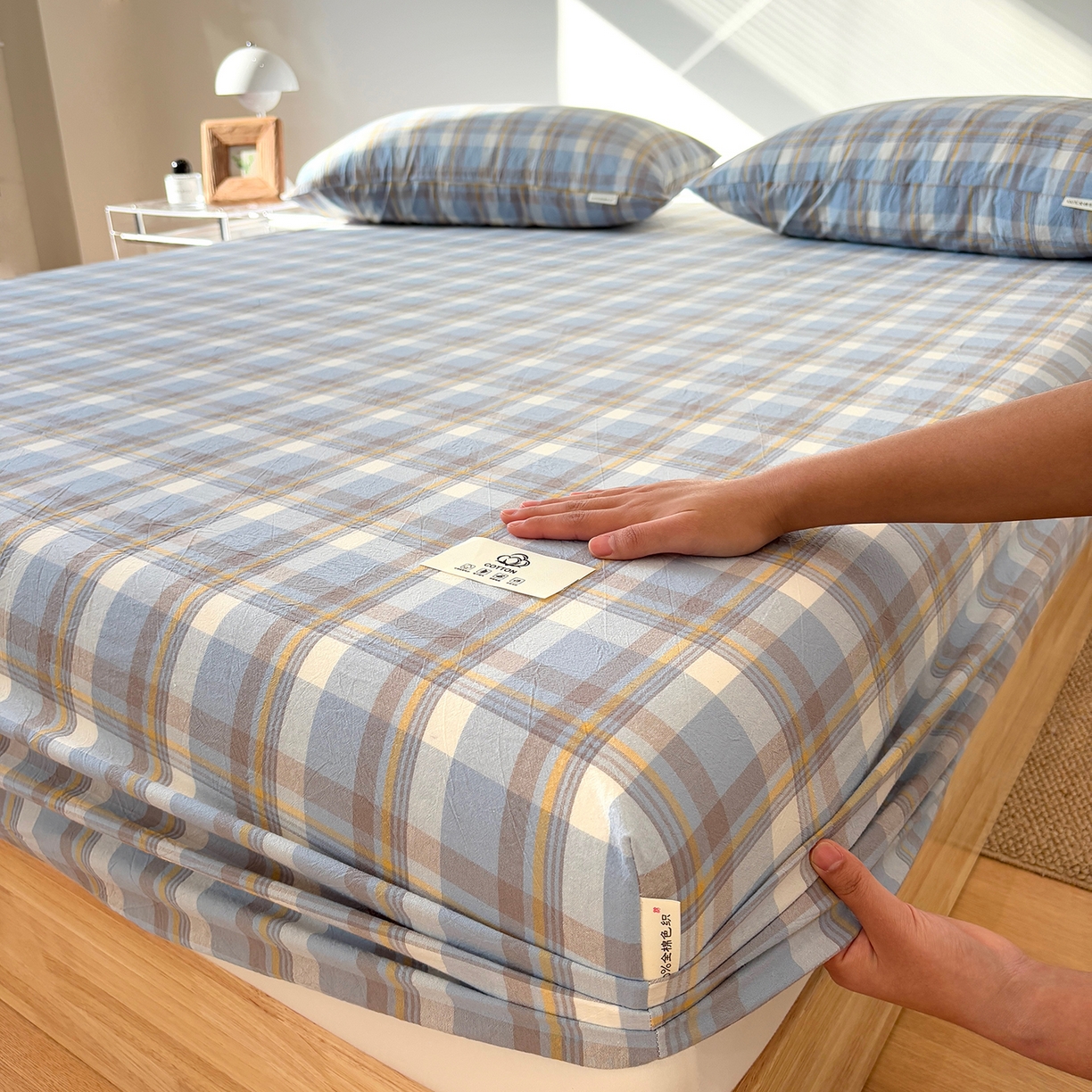 91家纺网 家纺一手货源 找家纺 居眠 2025新款单层色织水洗格子全棉纯棉单床笠床笠单件单品床笠 简兮兰