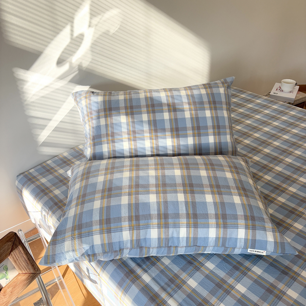 91家纺网 家纺一手货源 找家纺 居眠 2025新款单层色织水洗格子全棉纯棉单床笠床笠单件单品床笠 简兮兰