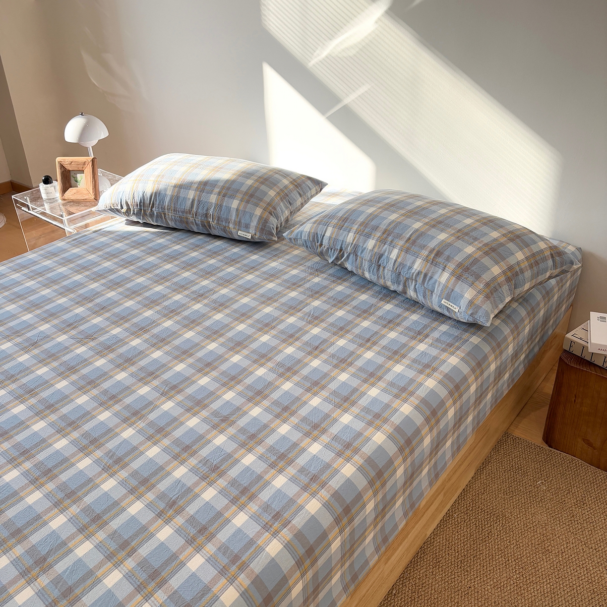 91家纺网 家纺一手货源 找家纺 居眠 2025新款单层色织水洗格子全棉纯棉单床笠床笠单件单品床笠 简兮兰