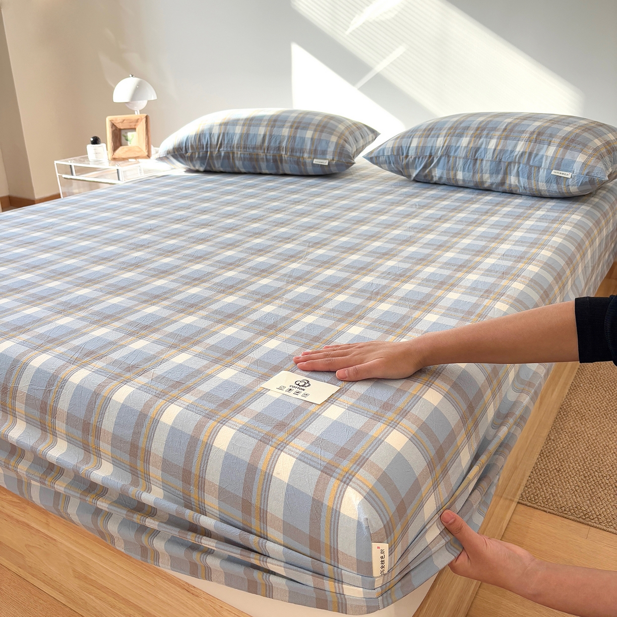 91家纺网 家纺一手货源 找家纺 居眠 2025新款单层色织水洗格子全棉纯棉单床笠床笠单件单品床笠 简兮兰