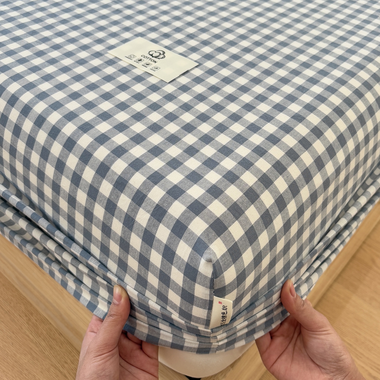 91家纺网 家纺一手货源 找家纺 居眠 2025新款单层色织水洗格子全棉纯棉单床笠床笠单件单品床笠 水兰小格