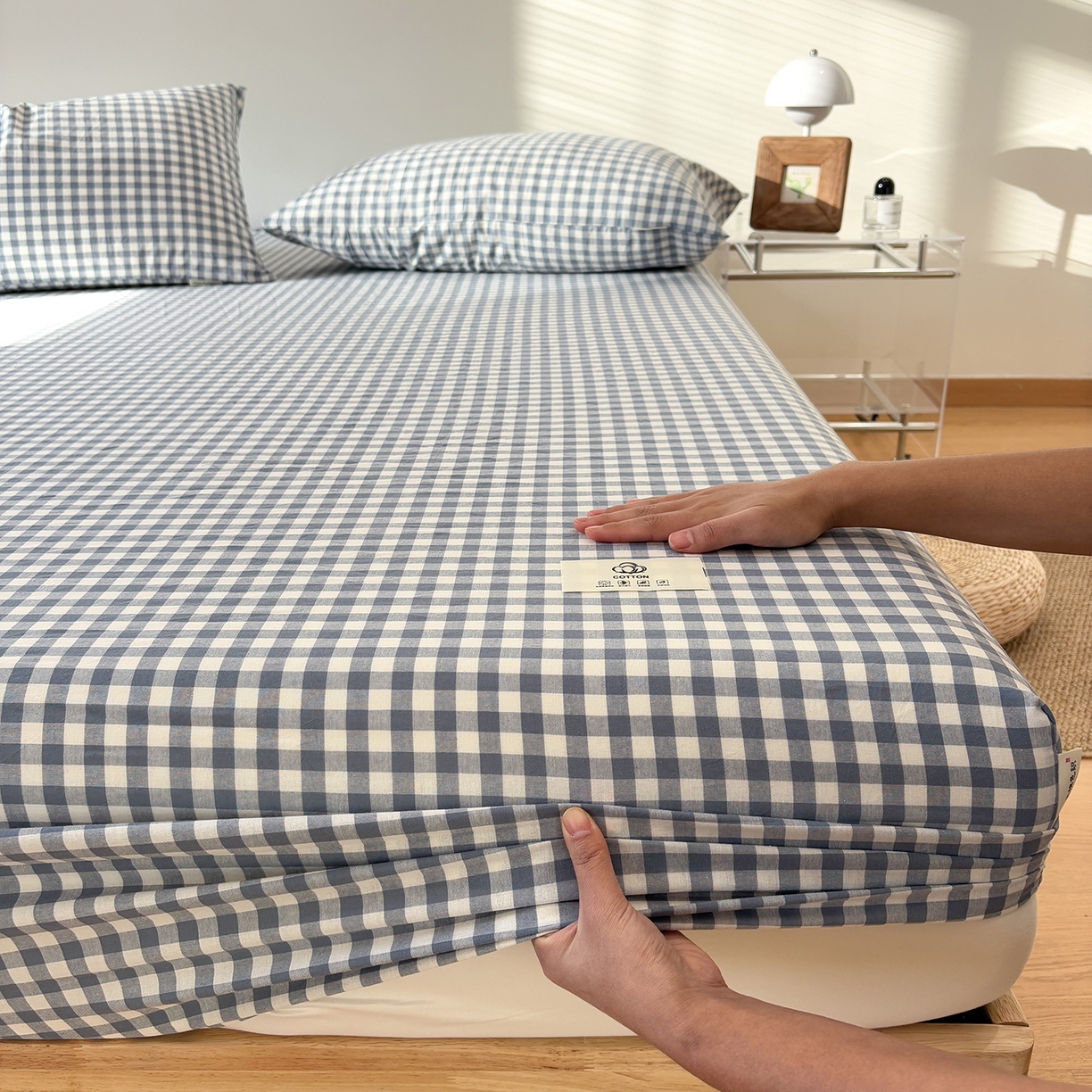 91家纺网 家纺一手货源 找家纺 居眠 2025新款单层色织水洗格子全棉纯棉单床笠床笠单件单品床笠 水兰小格