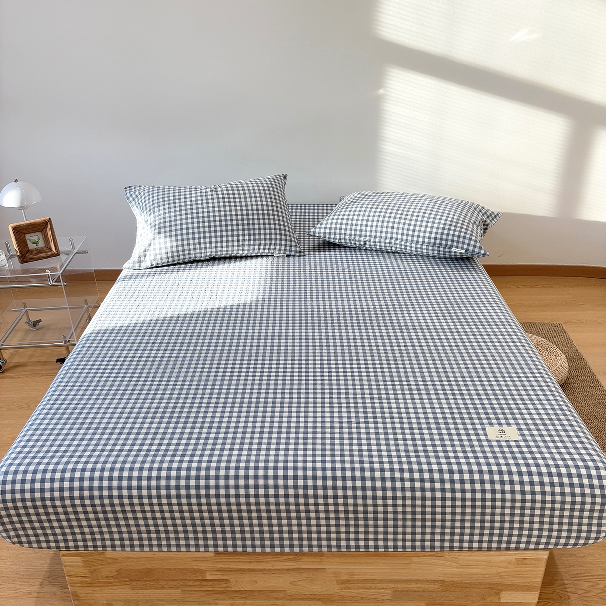 91家纺网 家纺一手货源 找家纺 居眠 2025新款单层色织水洗格子全棉纯棉单床笠床笠单件单品床笠 水兰小格