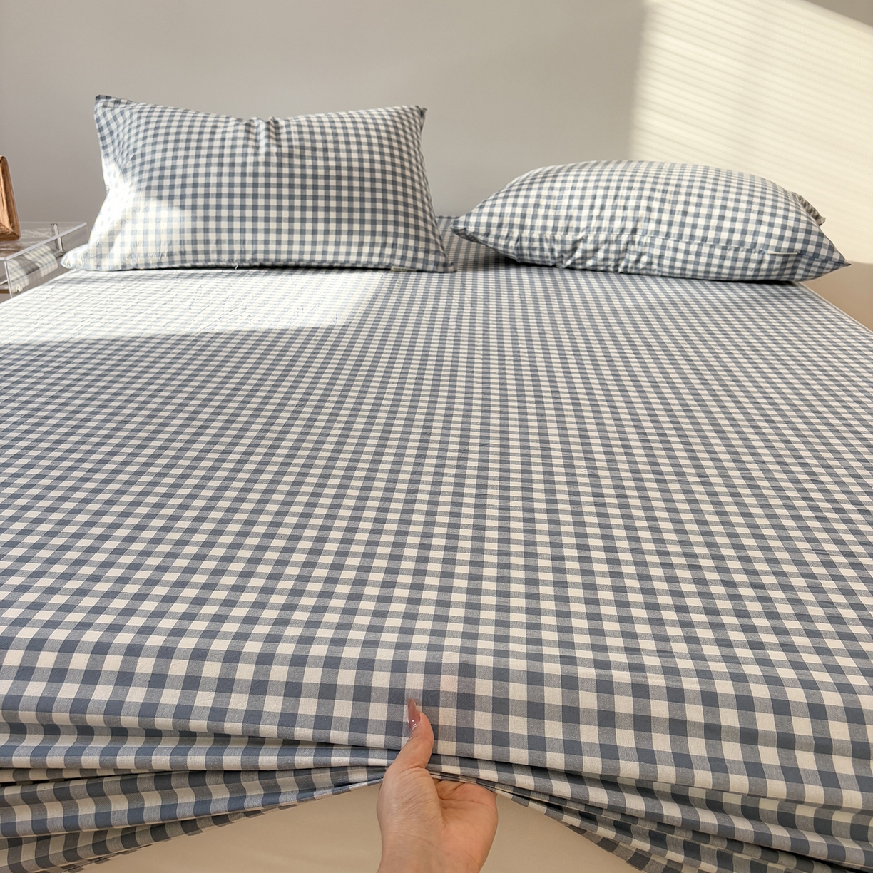 91家纺网 家纺一手货源 找家纺 居眠 2025新款单层色织水洗格子全棉纯棉单床笠床笠单件单品床笠 水兰小格