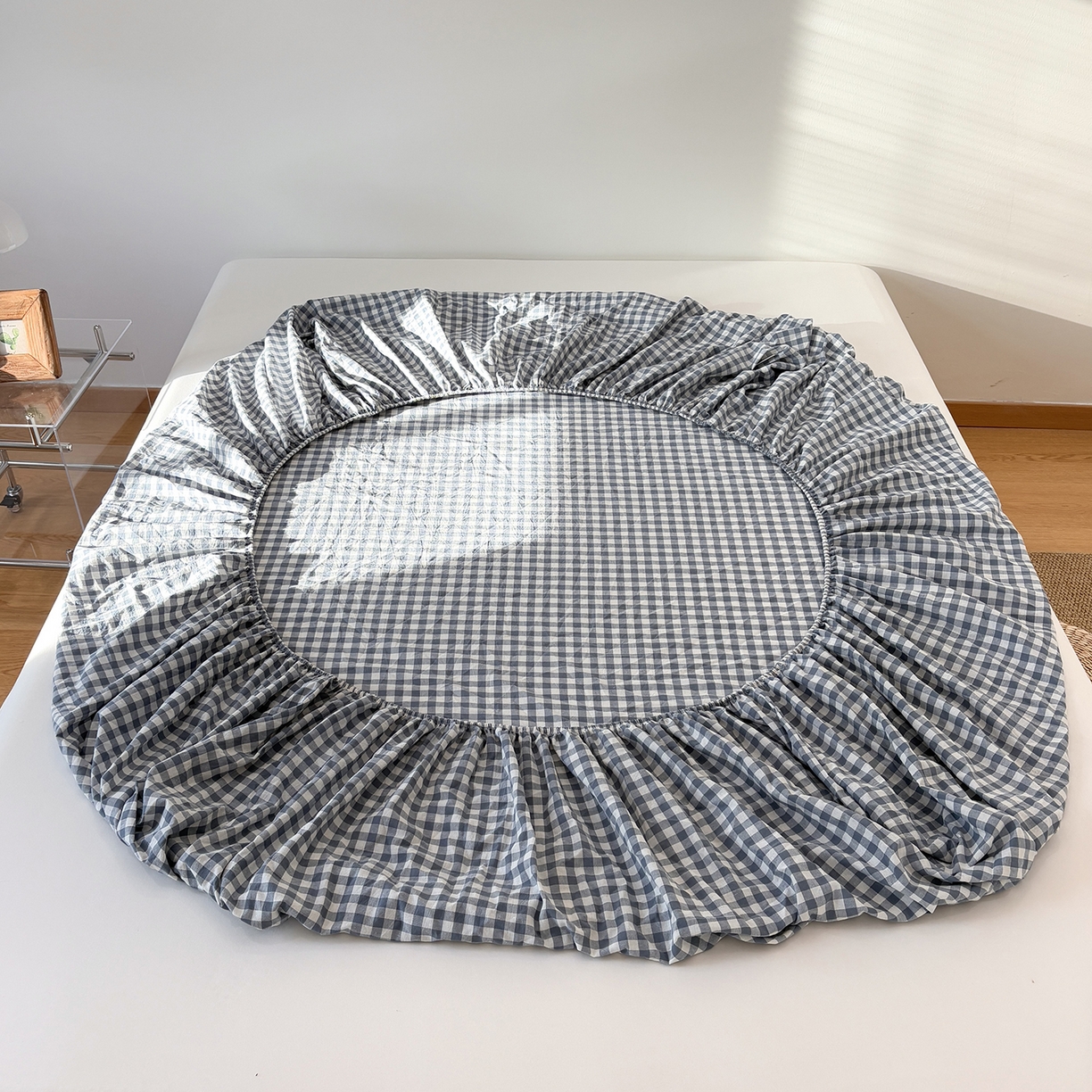 91家纺网 家纺一手货源 找家纺 居眠 2025新款单层色织水洗格子全棉纯棉单床笠床笠单件单品床笠 水兰小格