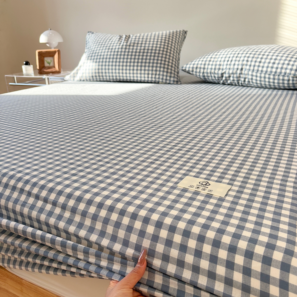 91家纺网 家纺一手货源 找家纺 居眠 2025新款单层色织水洗格子全棉纯棉单床笠床笠单件单品床笠 水兰小格